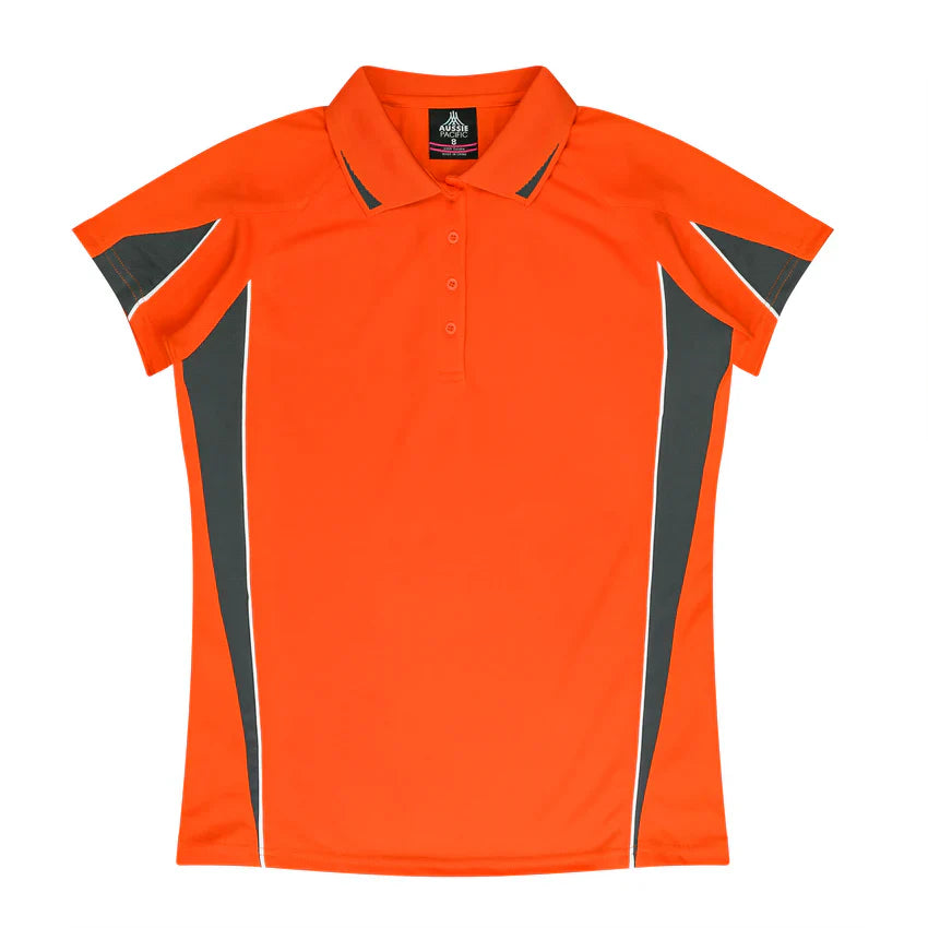 Ladies Eureka Polo: bright orange womens shirt with gray panels, white piping