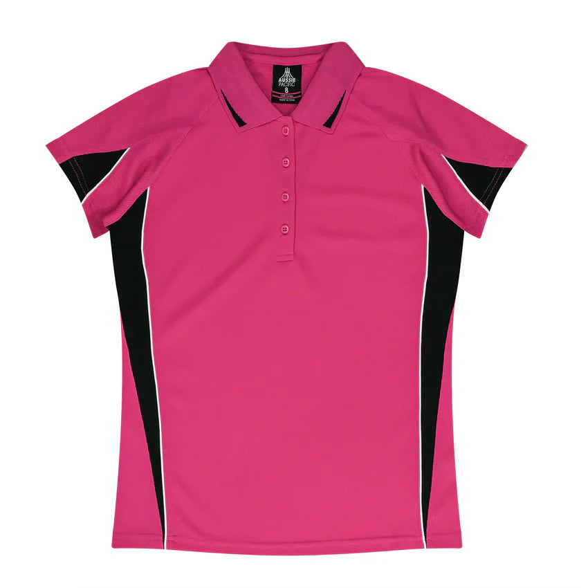 Vibrant Ladies Eureka Polo: pink shirt with black panels, white trim