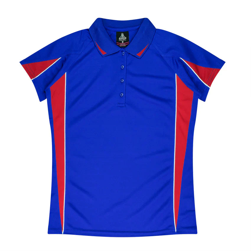 Ladies Eureka Polo in royal blue with red and white accents