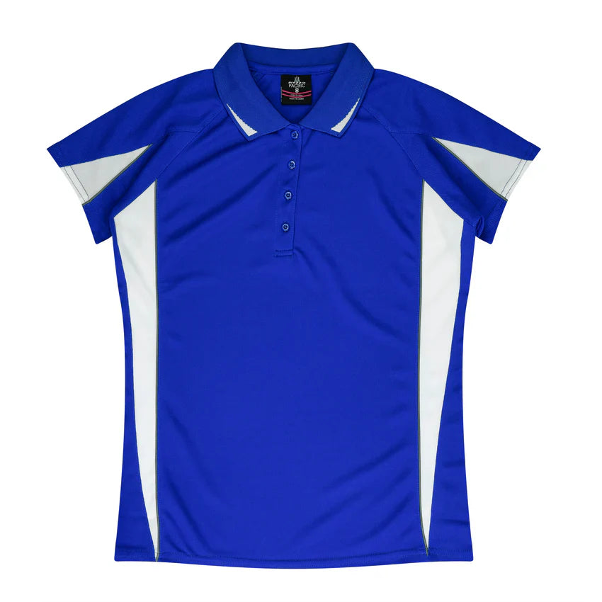 Ladies Eureka Polo in royal blue and white with collar