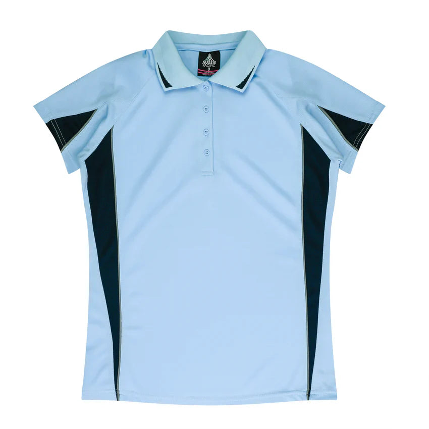 Ladies Eureka Polo: light blue black short-sleeve with side panels