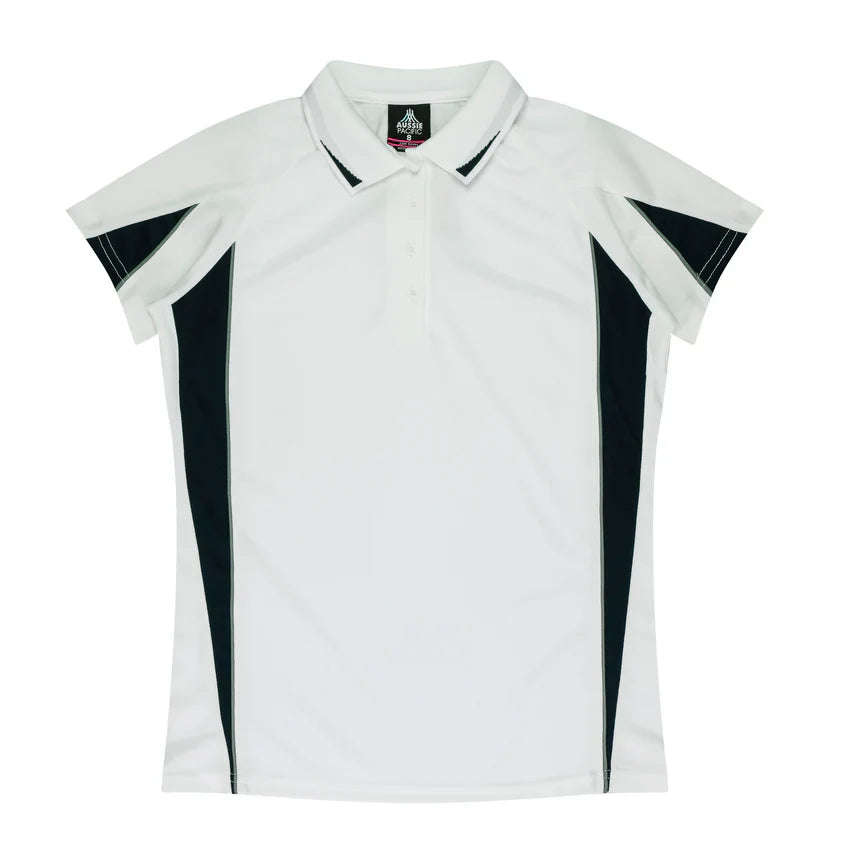 Ladies Eureka Polo: white and black short-sleeved shirt with panels