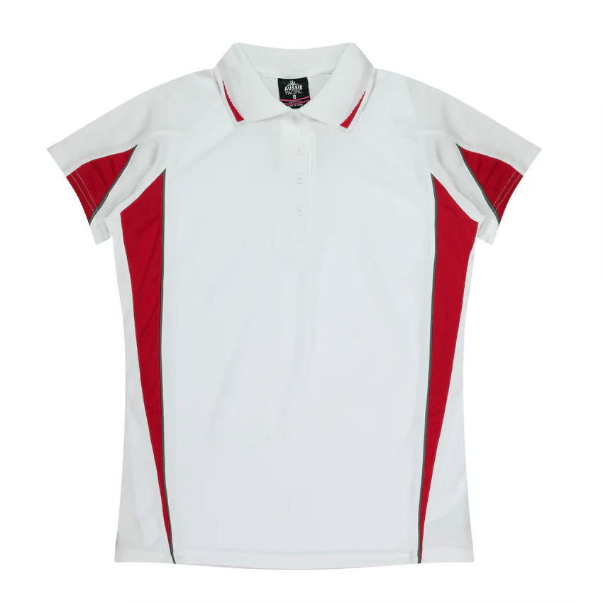 Ladies Eureka Polo: white and red short-sleeved shirt with side panels