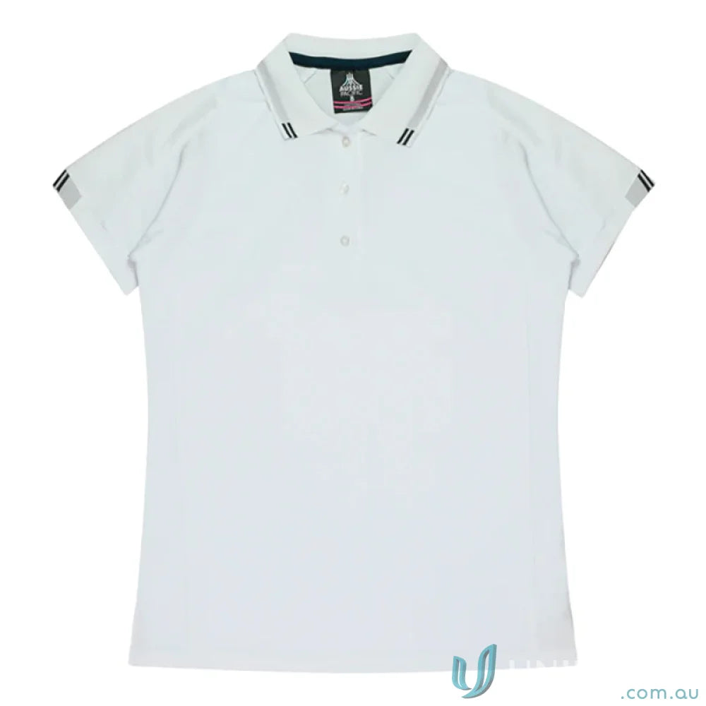 Ladies Flinders Polo shirt with striped collar and sleeves, perfect for work uniforms or uniforms