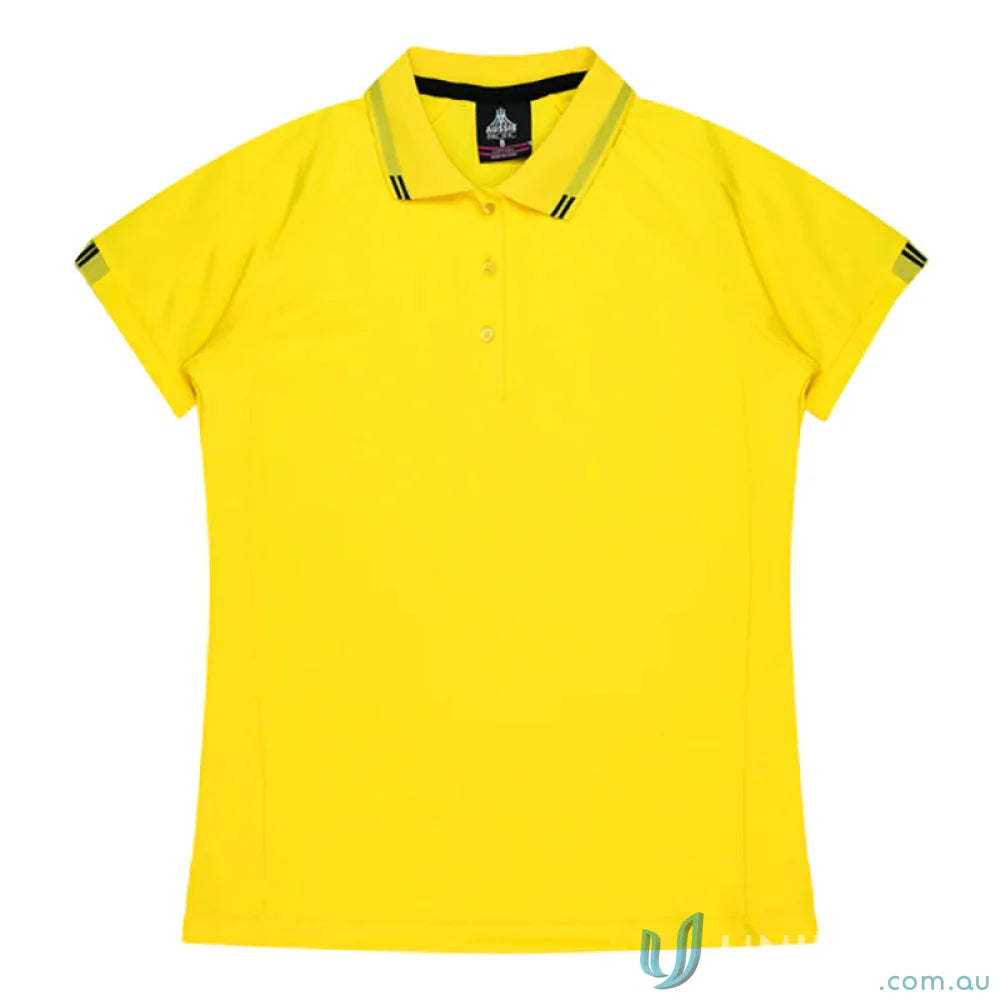 Yellow Ladies Flinders Polo with striped collar and sleeve trim for stylish work uniforms
