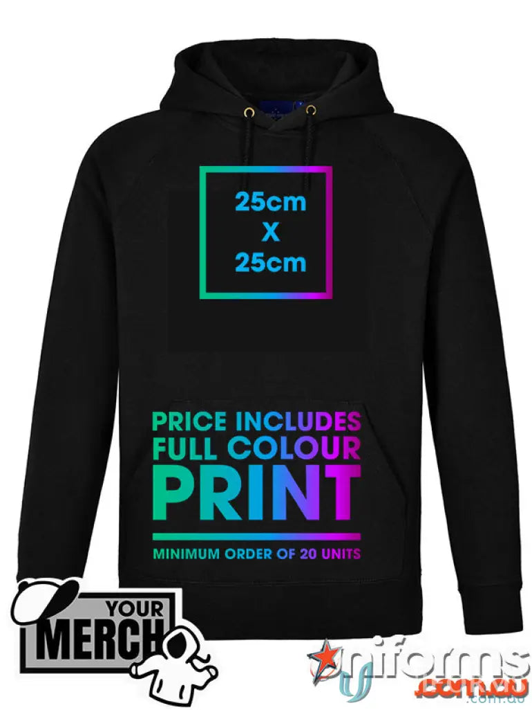 Black fleecy hoodie with colorful print area indicators, perfect for uniforms or workwear