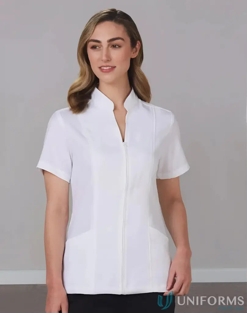 White short-sleeved Ladies Full Zip Front Tunic in m8636s womens mechanical stretch fabric