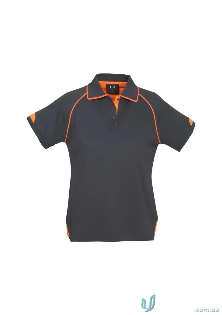 Ladies Fusion Biz Collection Polo in charcoal grey with orange piping and collar trim