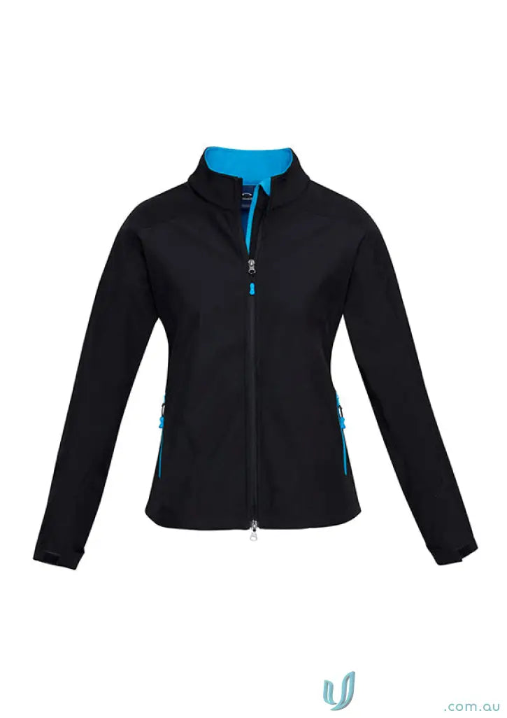 Ladies Geneva softshell jacket with blue accents from Women’s Biz Collection