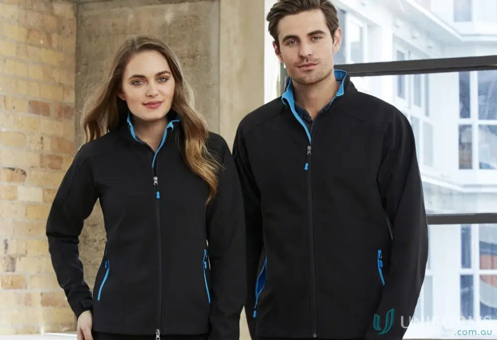 Ladies Geneva softshell jacket with black and blue trim from Women’s Biz Collection