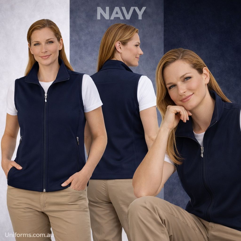 Ladies hitech softshell vest navy blue zip-front with pockets collar