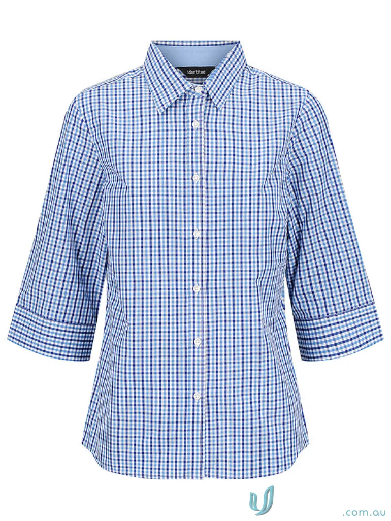 Ladies Hudson 3/4 sleeve shirt with blue and white checkered pattern, perfect black white style