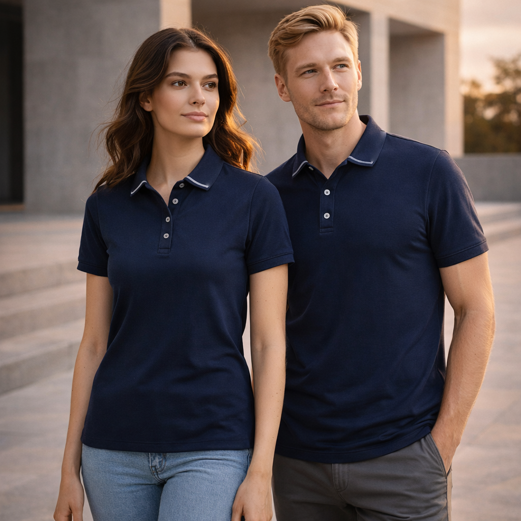 Ladies Lorne cotton jersey knit polo in navy blue with white trim