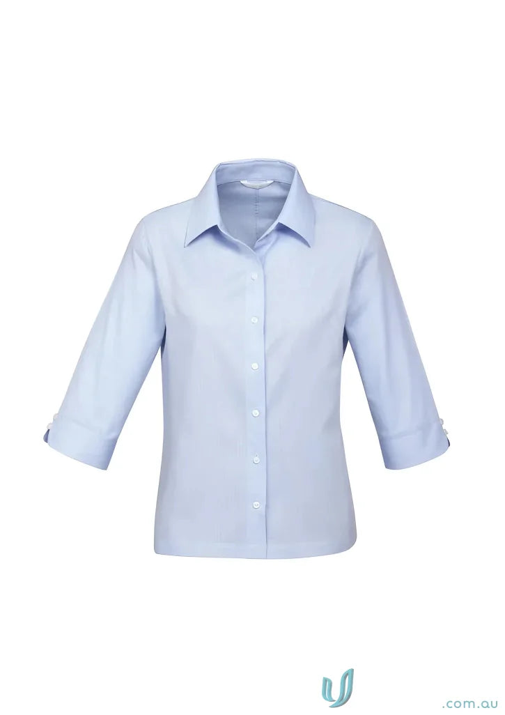 Light blue womans luxe 3Q shirt from biz collection s10221 with wrinkle-resistant fabric