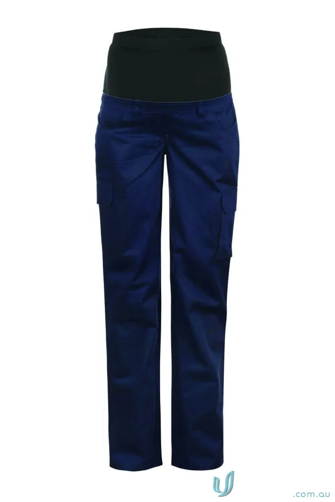 Navy blue ladies maternity cargo workwear with reinforced stress points for comfort