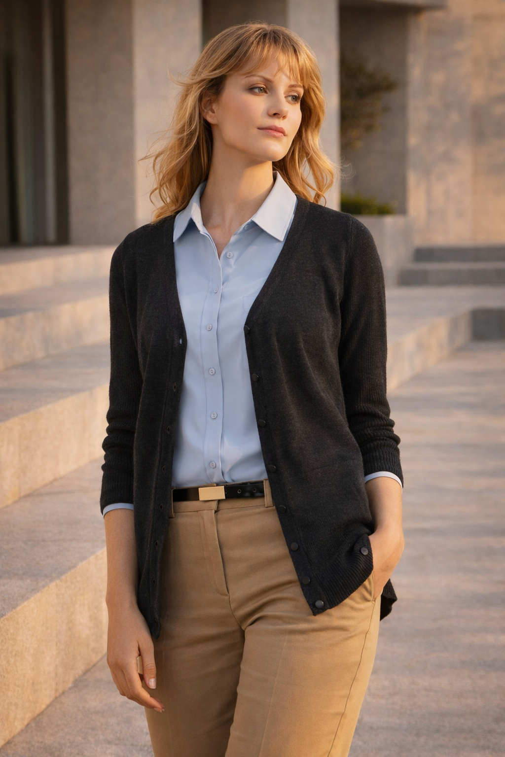 Ladies Milano knit cardigan with black button closure and ribbed cuffs