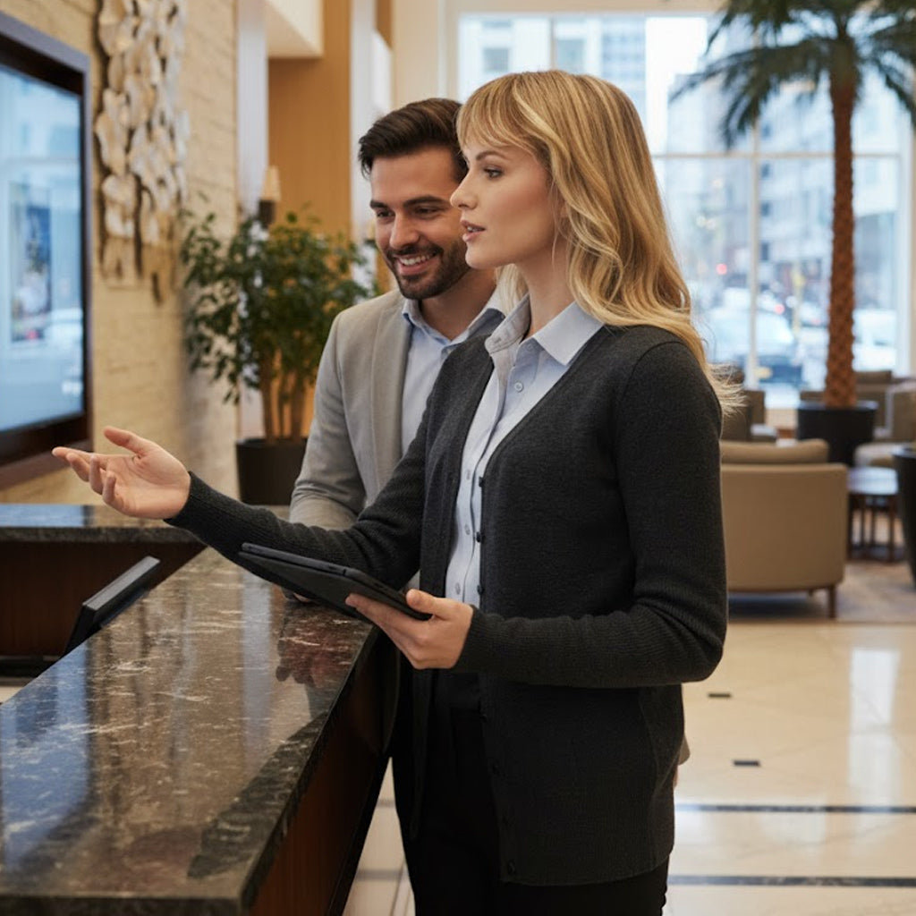 Woman in Ladies Milano knit cardigan at hotel desk with tablet
