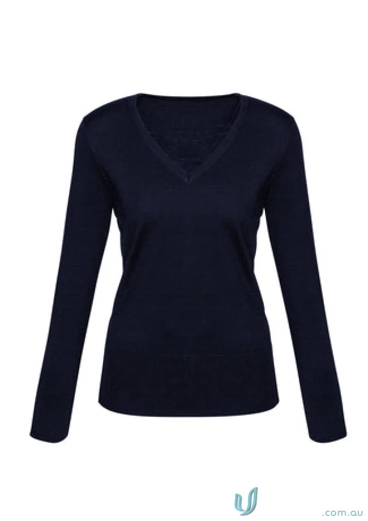 Ladies Milano Merino Wool V-neck Long Sleeve Jumper in Navy Blue