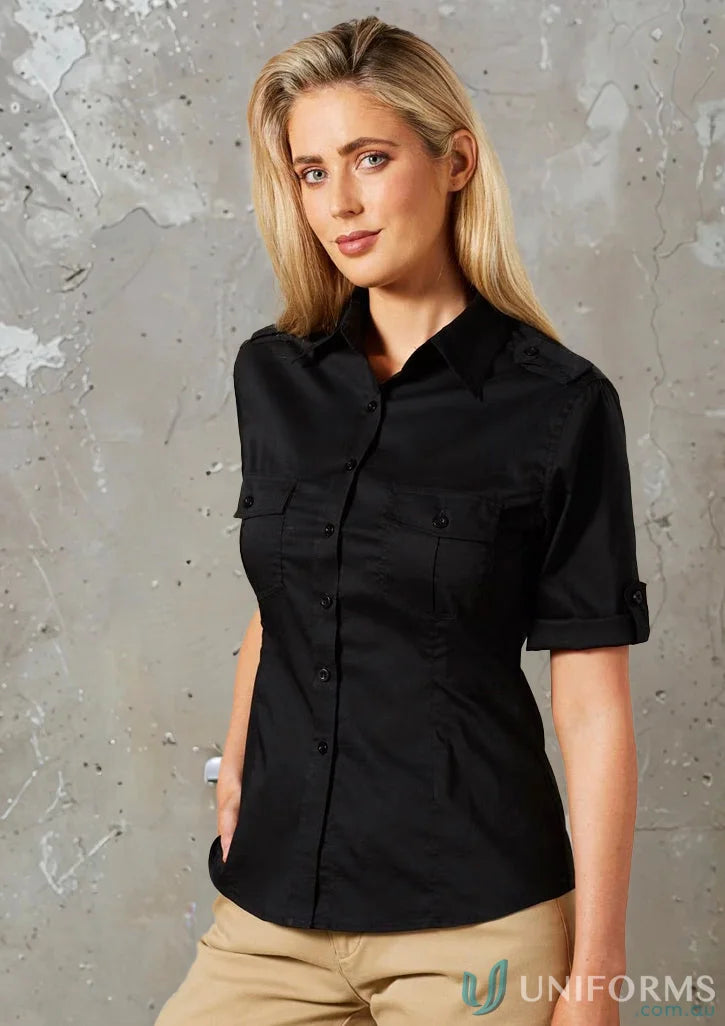 Woman wearing black short-sleeved military shirt from winning spirit ladies M8911 Womens Short