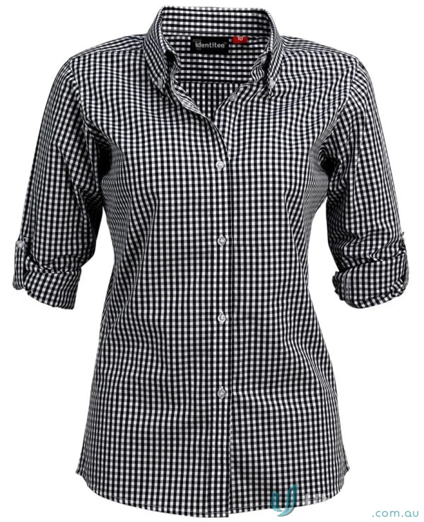 Ladies Miller Gingham Check LS Shirt in black and white for stylish workwear or uniforms