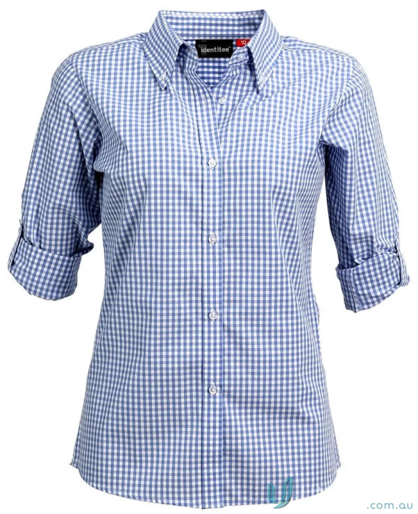Ladies Miller Gingham Check LS Shirt in blue and white gingham check for uniforms or workwear