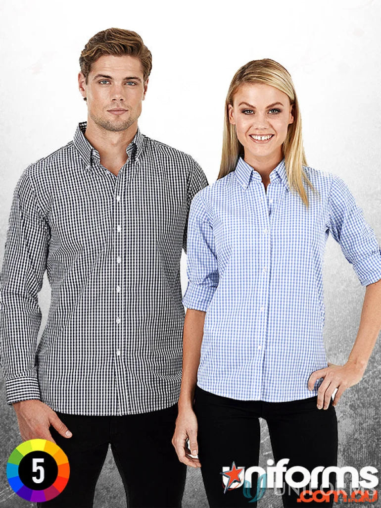 Two ladies in gingham check LS shirts, perfect for workwear or uniforms