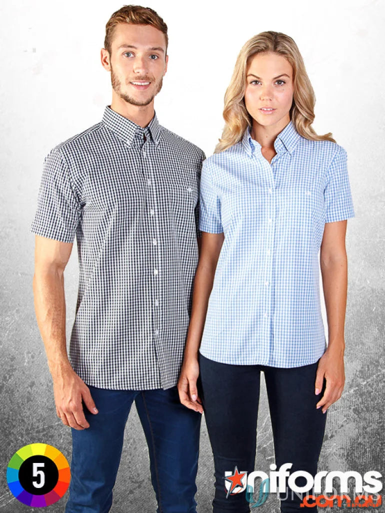 Two women in Ladies Miller Gingham SS Check Shirts, perfect for workwear or uniforms