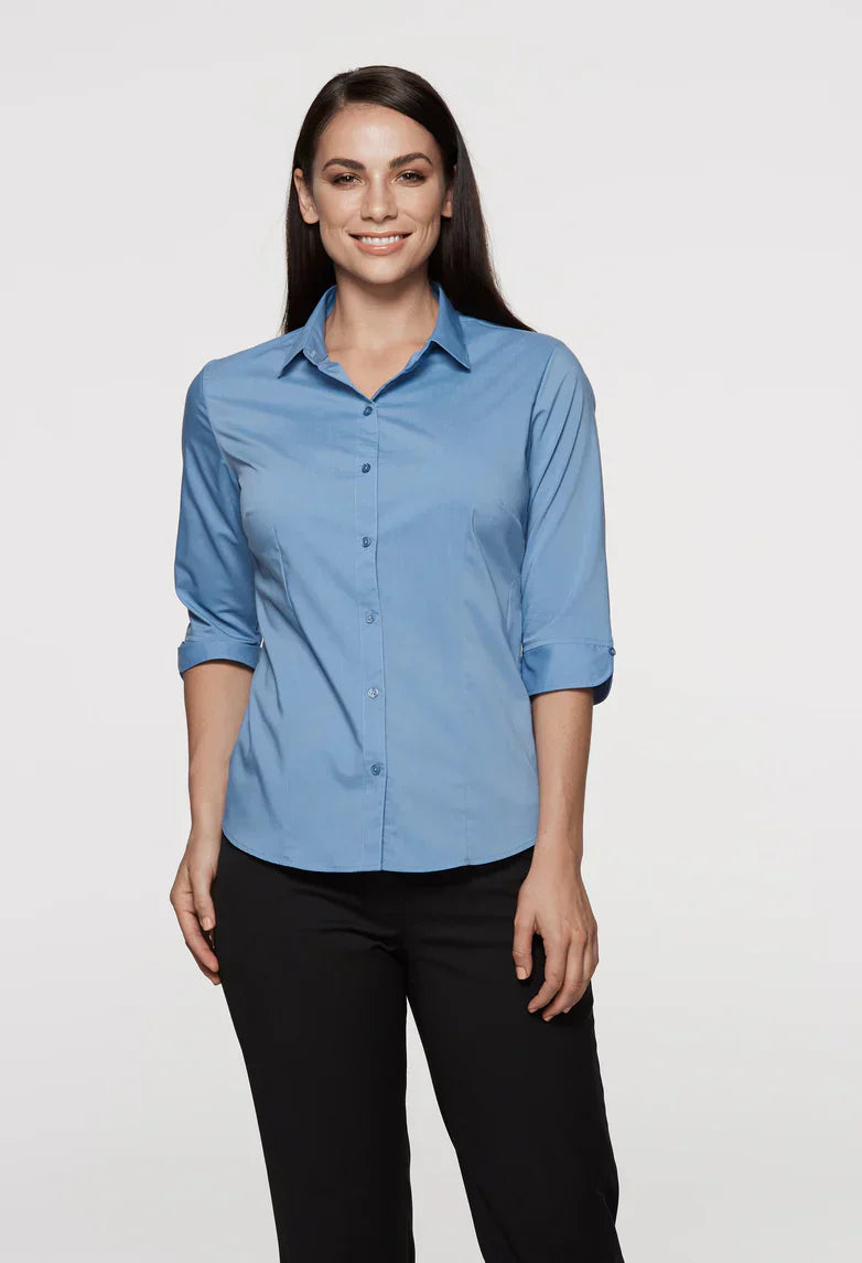 Ladies Mosman 3qtr shirt in light blue with rolled-up sleeves, workwear uniforms