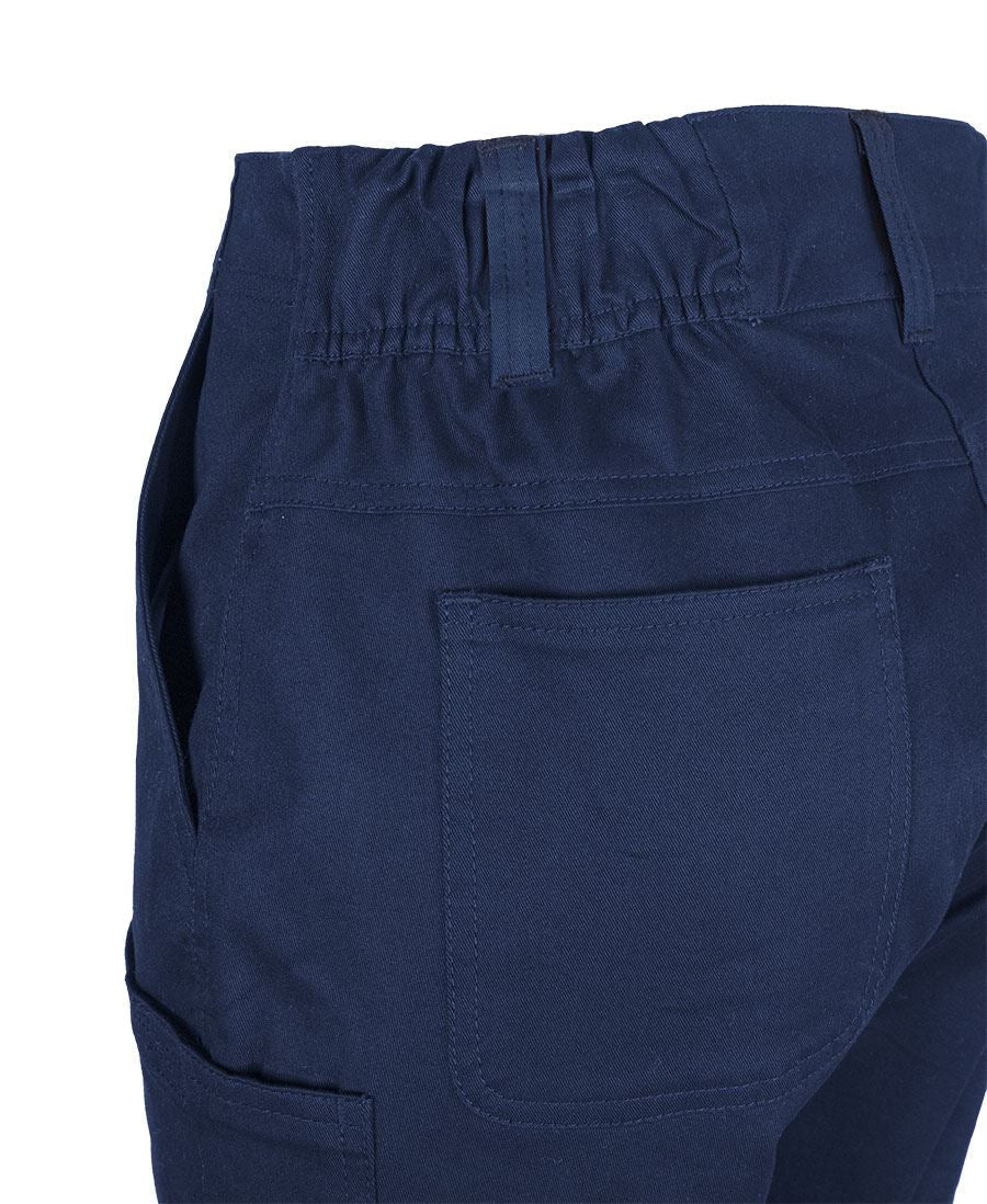 Back view of ladies multi pocket stretch twill short in dark navy blue cotton with elastic waist and rear patch pocket