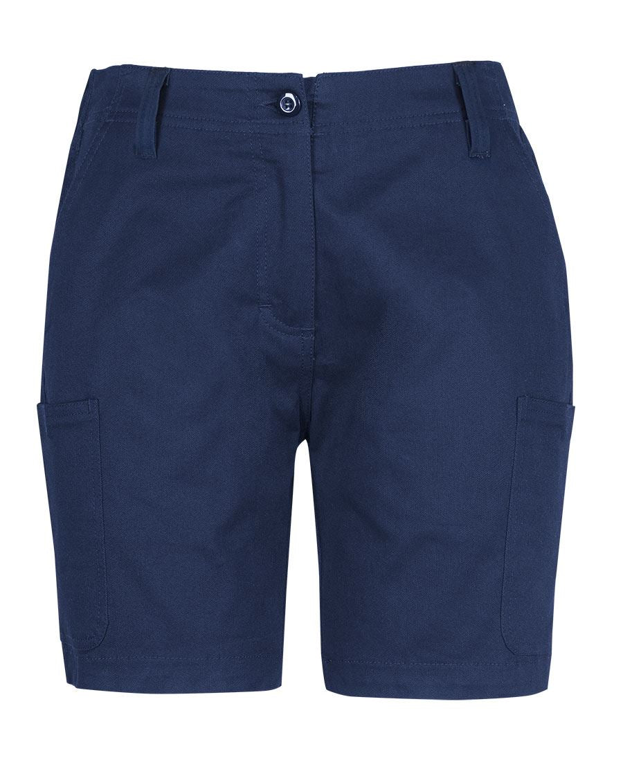 Navy blue ladies multi pocket stretch twill short with side pockets