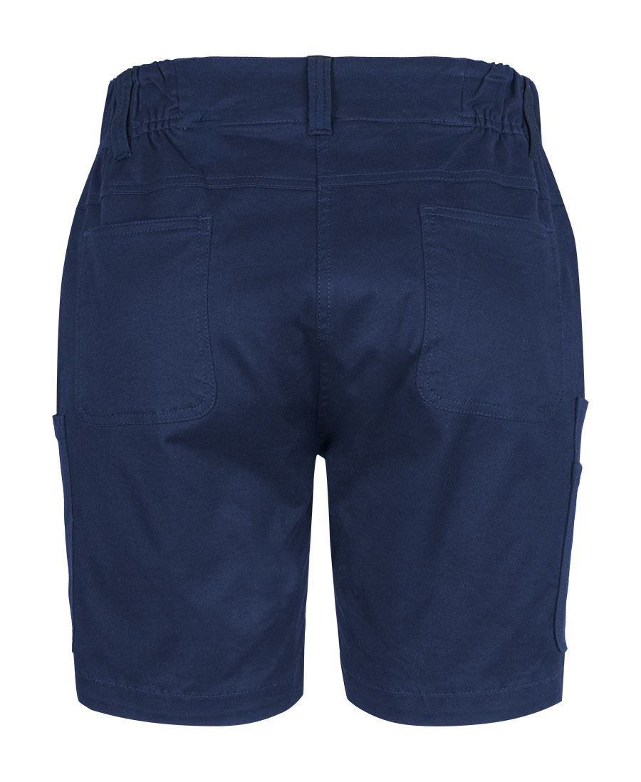 Back view of ladies multi pocket navy blue stretch twill short with pockets