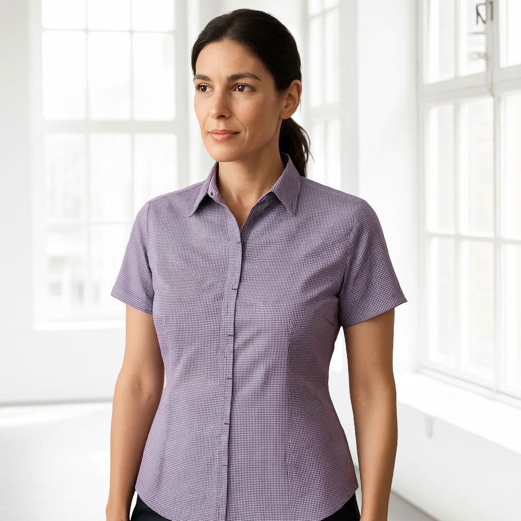 Womens Newport short sleeve purple white checkered shirt