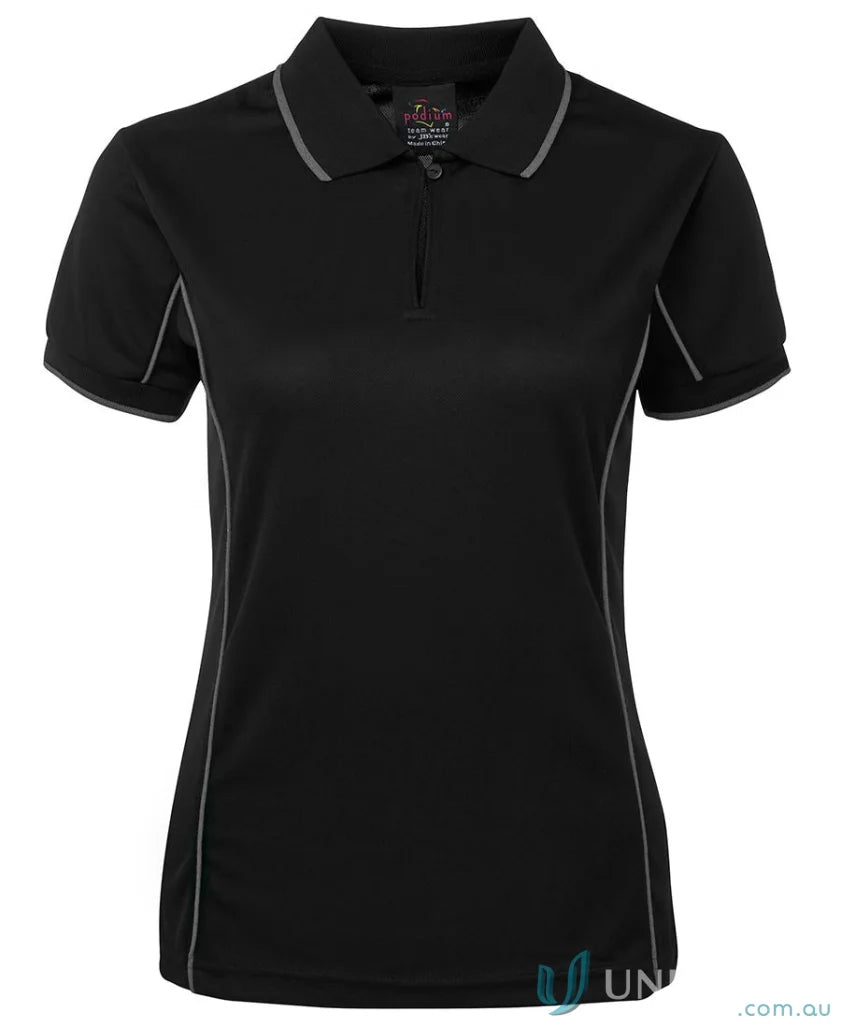 JB’s Ladies Podium Piping Polo with black and gray trim, stay cool in style