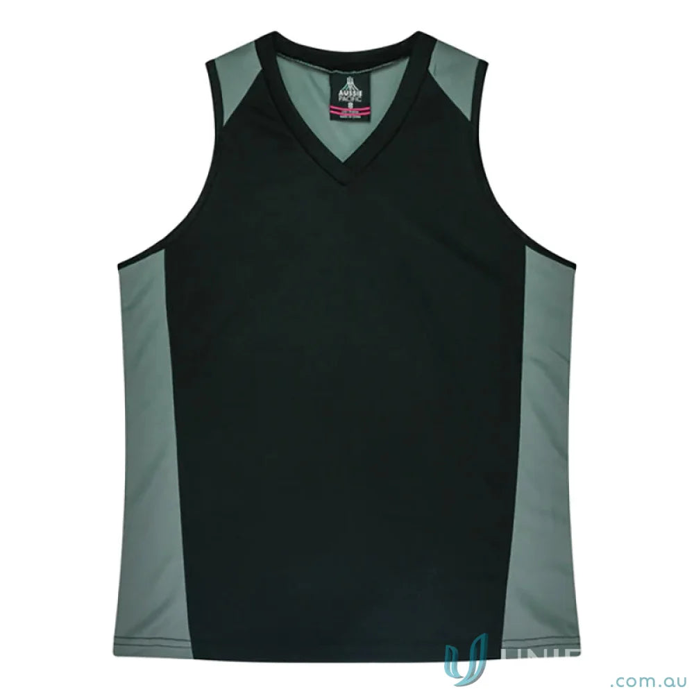 Ladies Premier Singlet black gray athletic shirt with fabric neck bind for workouts