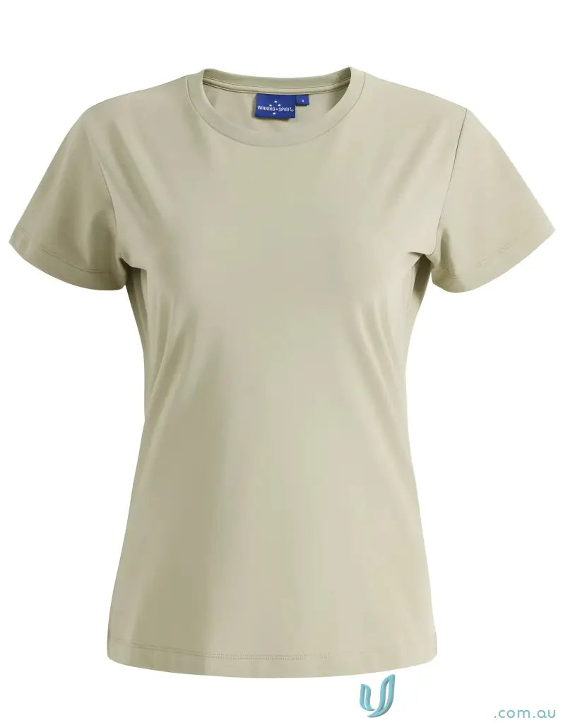 Beige releaf ladies t-shirt with ribbed collar and stitched hem perfect for comfortable workwear uniforms
