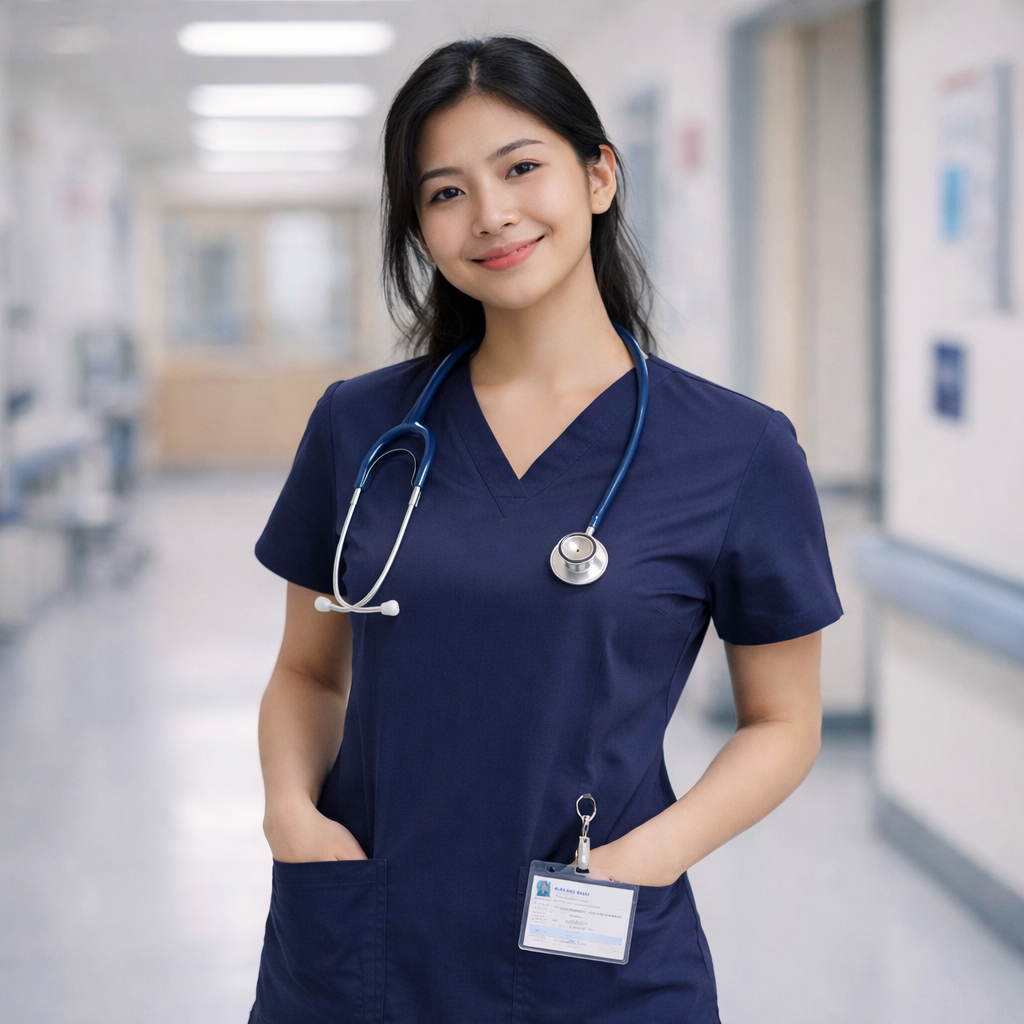 Ladies premium scrub top in navy blue with flattering fit