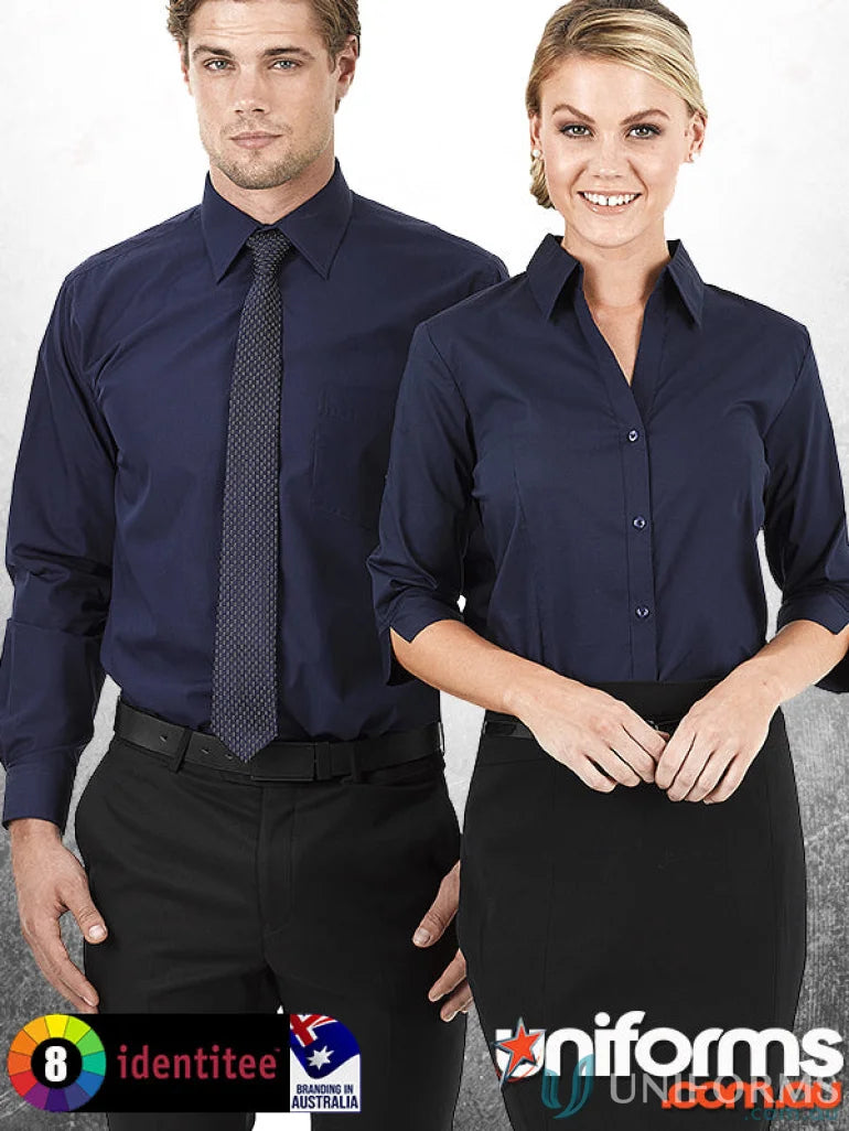 Happy models wearing navy blue Ladies Rodeo 3Qtr Sleeve Shirt with black pants and skirt