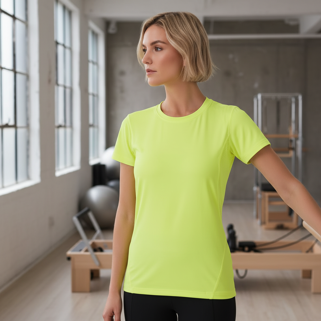 Ladies rotator sports tee in bright neon yellow with cooldry functions