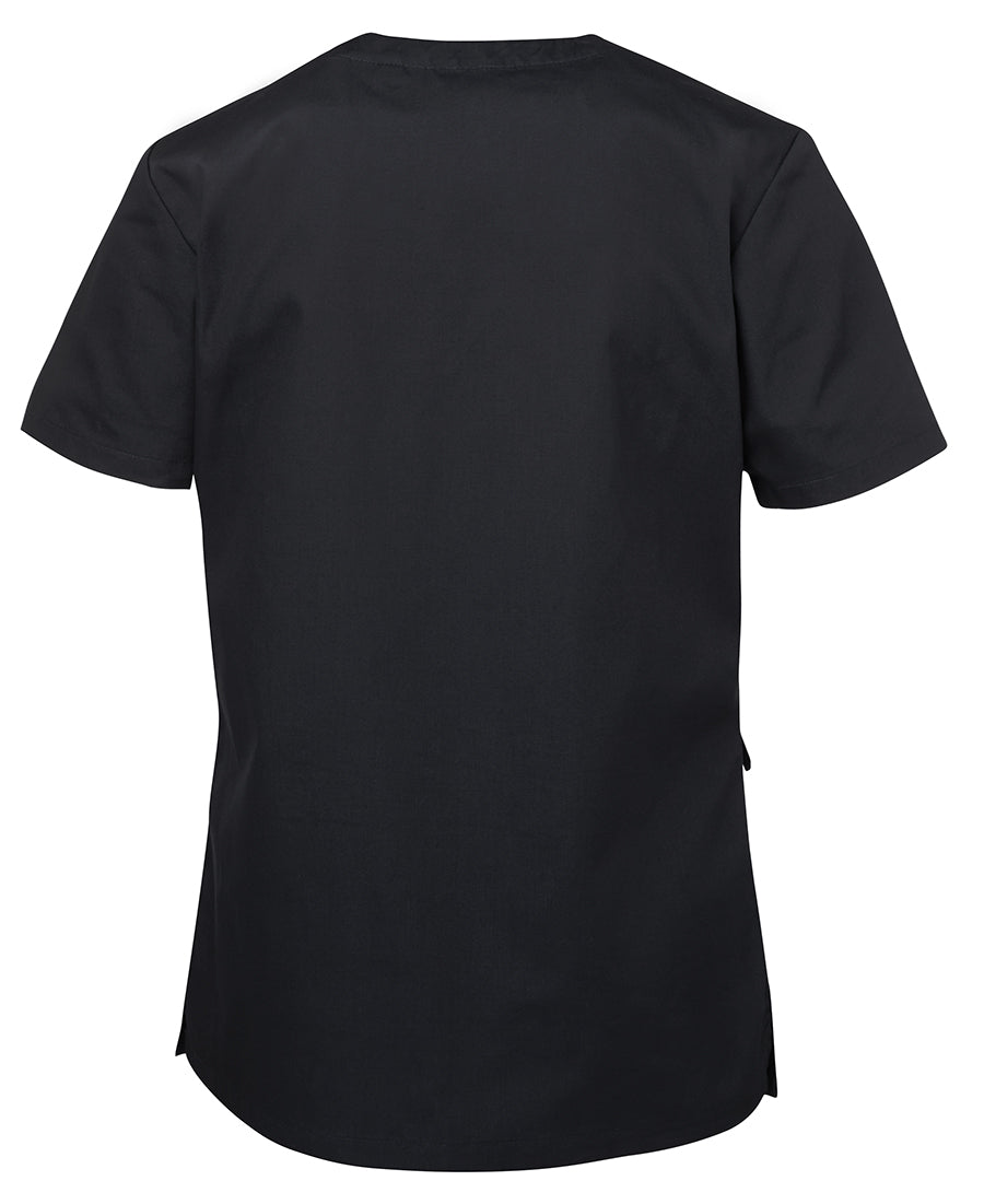 Jb’s ladies scrub top with black short sleeves, rounded neckline, set-in sleeves