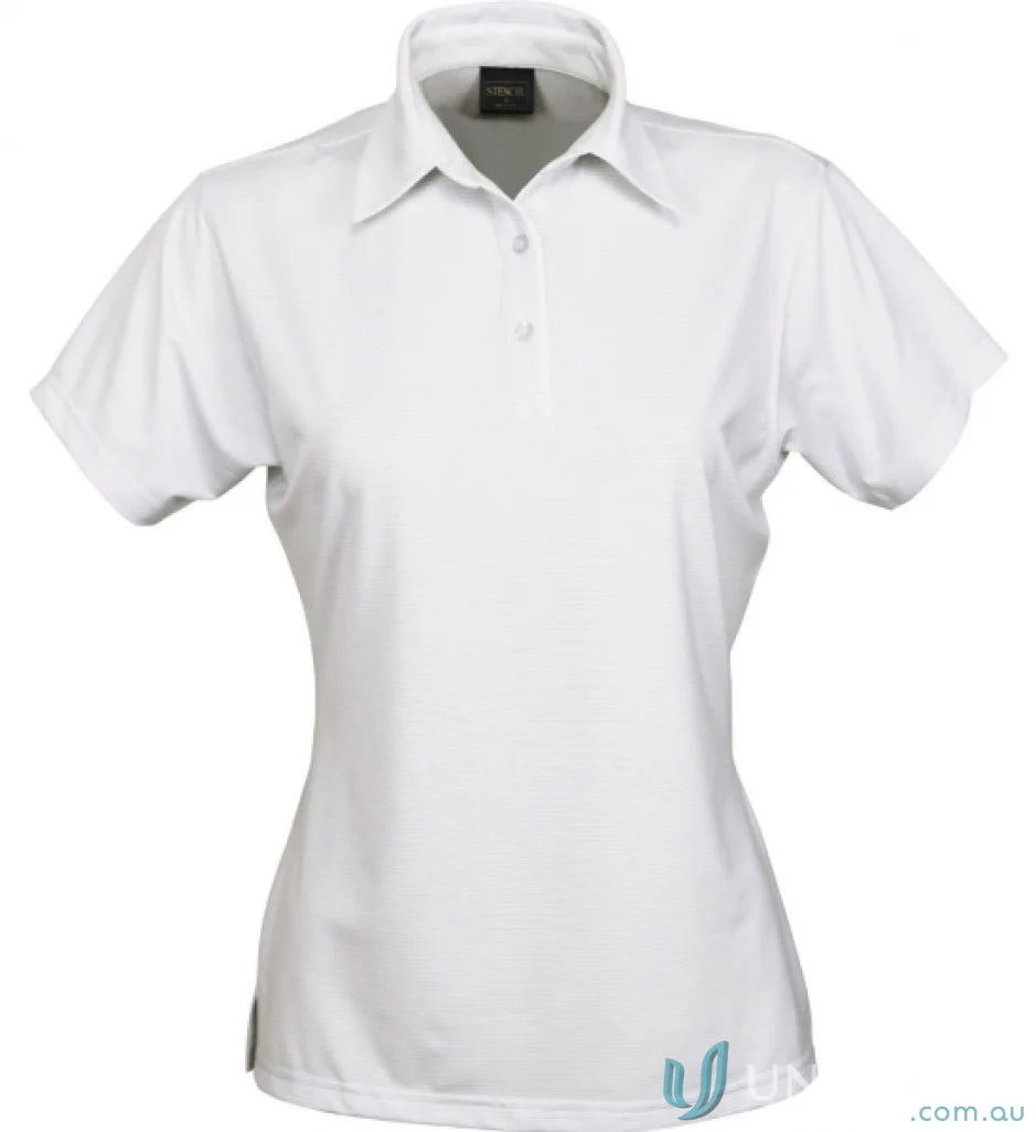 White womens polo shirt with nano-scale silver technology and performance fabric yarn-treated for cool dry® comfort