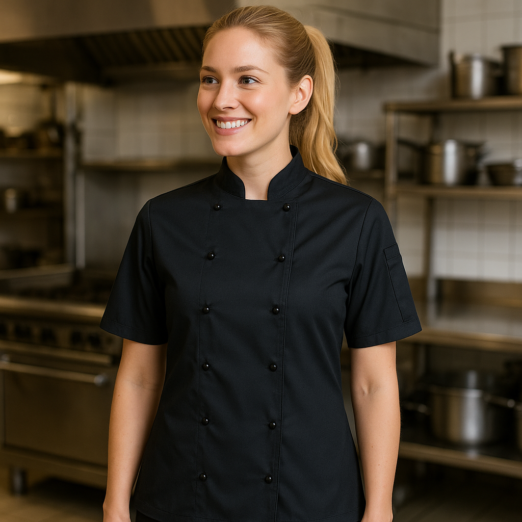 Ladies SS snap button chef jacket with black buttons and stand-up collar