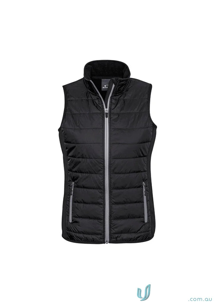 Black quilted women’s stealth vest with grey zipper and pockets, part of Biz Collection Women’s stealth vest j616l