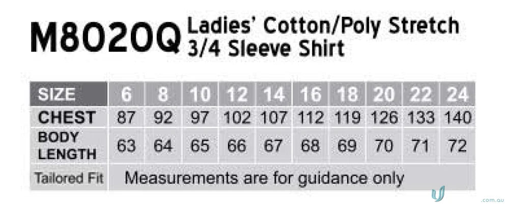 Ladies’ shirt size chart for Winning Spirit Ladies Spirit Ladies Stretch 3qtr shirt