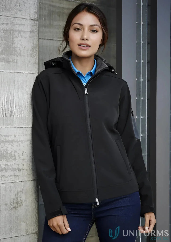 Womens summit jacket in black made with Biz Tech material, style meets performance