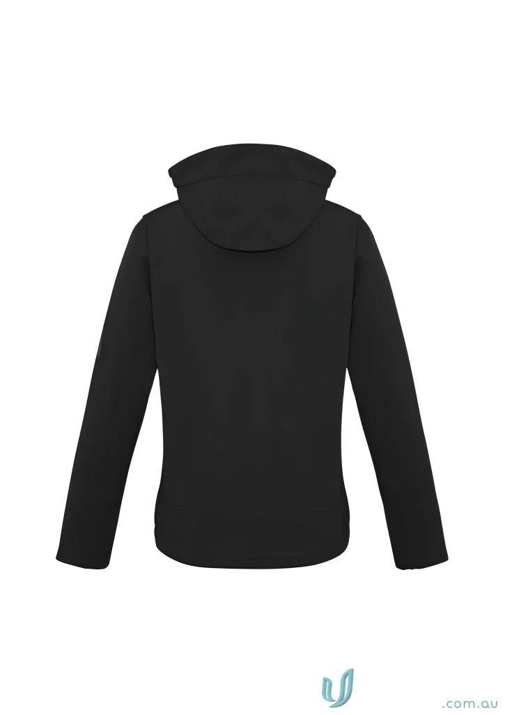 Womens Summit Jacket in biz tech material, stylish black hooded jacket for women
