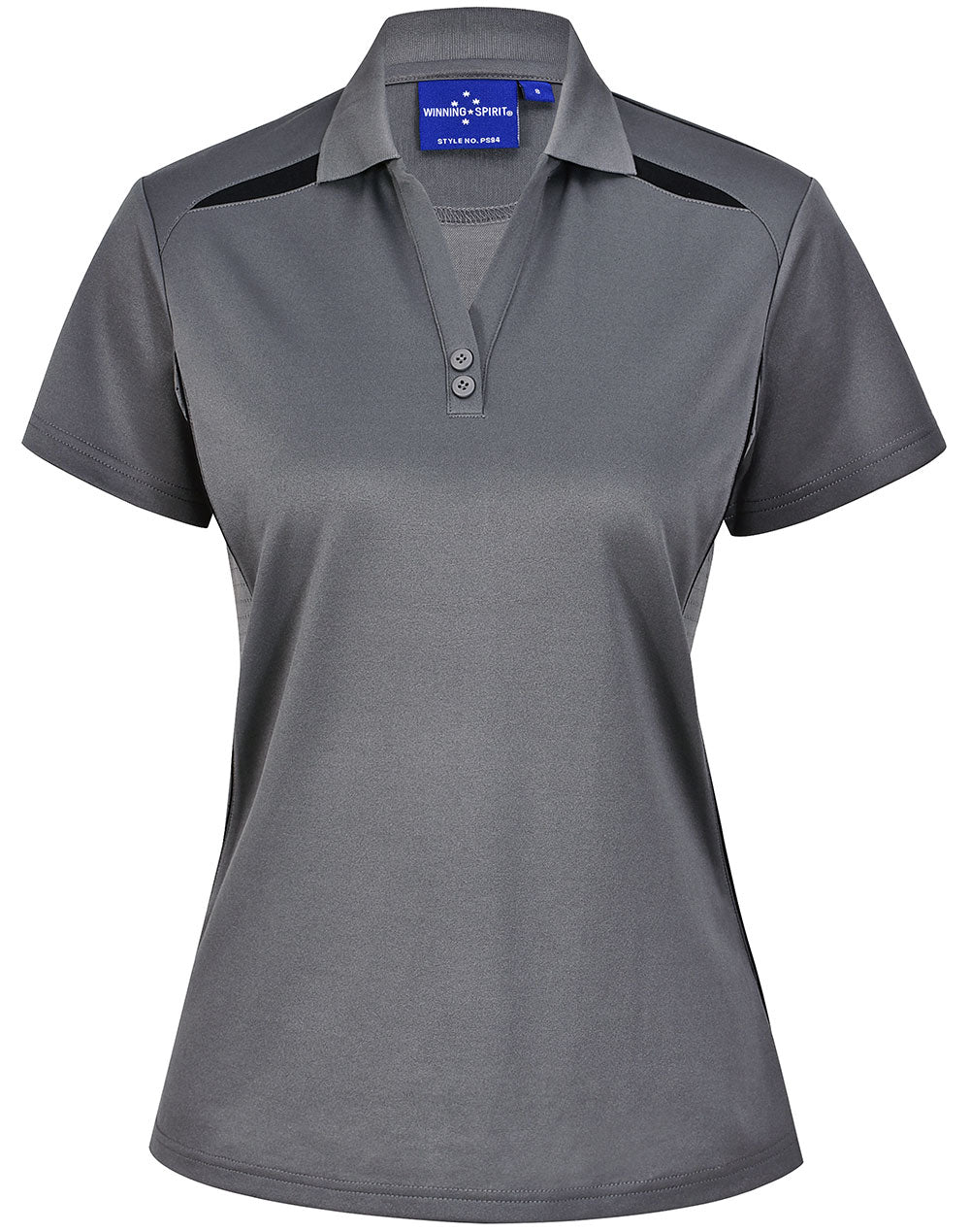 Ladies sustainable contrast polo in gray with black shoulder panels