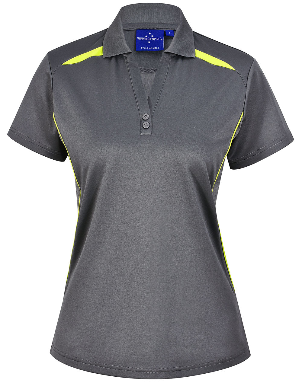 Ladies sustainable contrast polo in gray with neon yellow accents