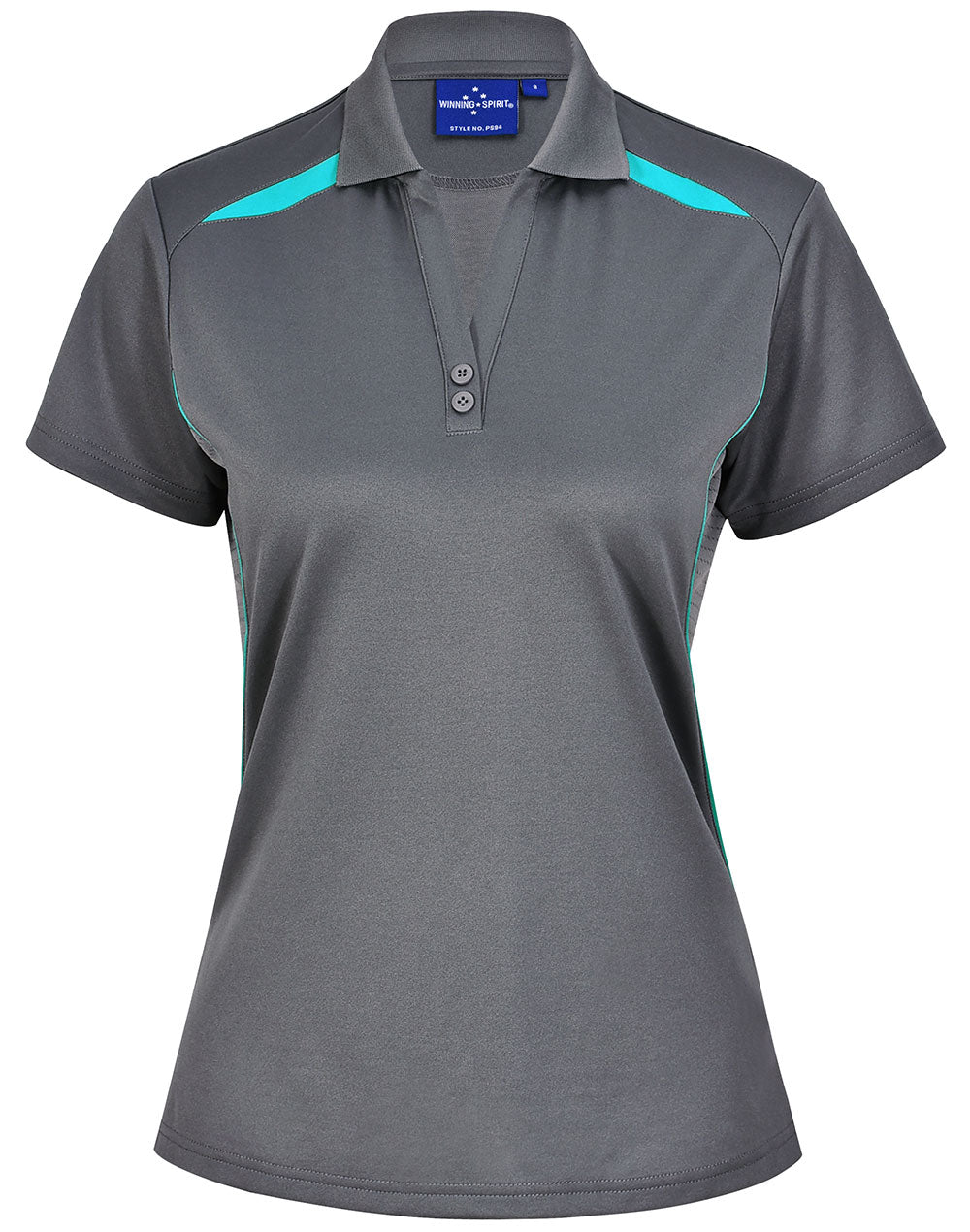 Gray ladies contrast polo with teal accents and sun protection tech