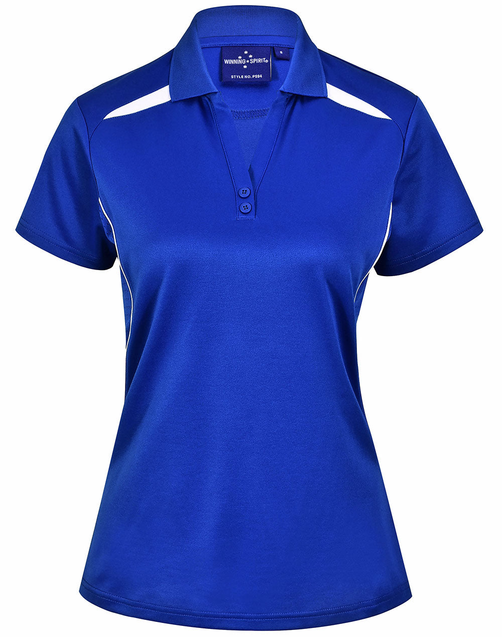Royal blue ladies contrast polo with white panels, sustainable ladies contrast