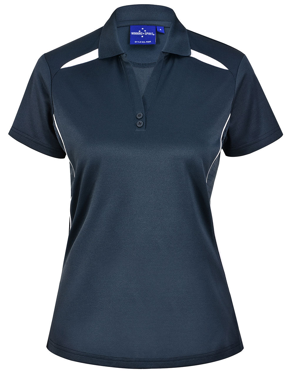 Ladies sustainable contrast polo in navy blue with white panels